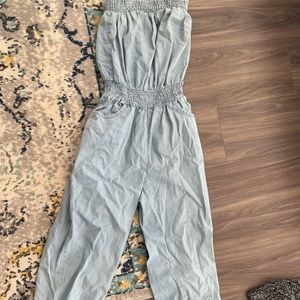 Strapless light denim jumpsuit with synch cuffed bottoms size S/M